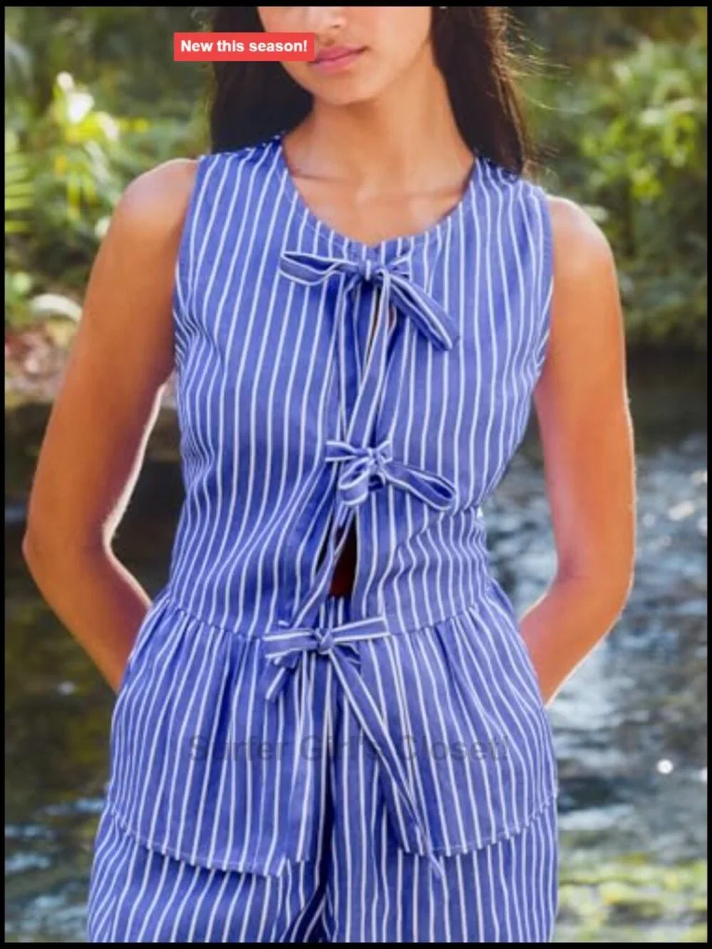Striped Bow Tie Front Sleeveless Tank Top Women's Summer Blouse